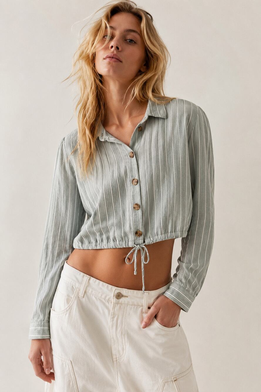 Timing Seafoam Striped Cotton Blend Button Up Cropped Shirt S Coastal Summer